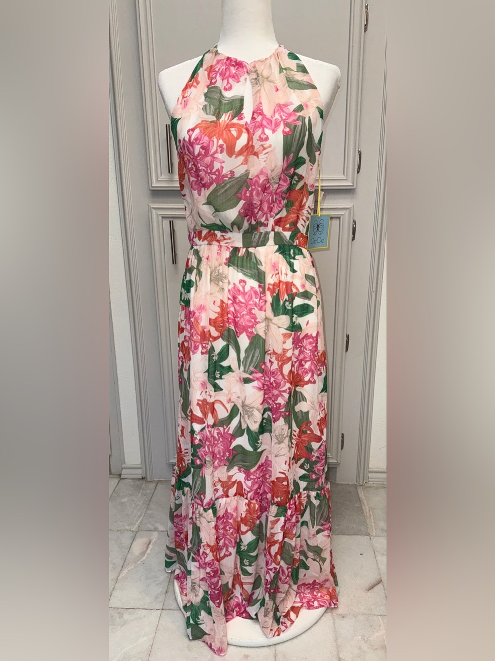 CeCe Pink Floral Print Halter Neck Tie Back Cut Out Pleated Maxi Dress Sz 6 NWT